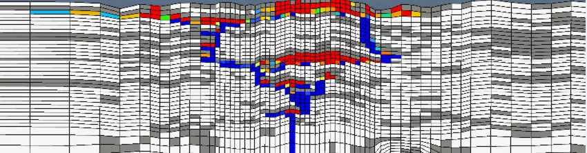 Coupe maillée d'un modèle souterrain avec des zones colorées rouges et bleues