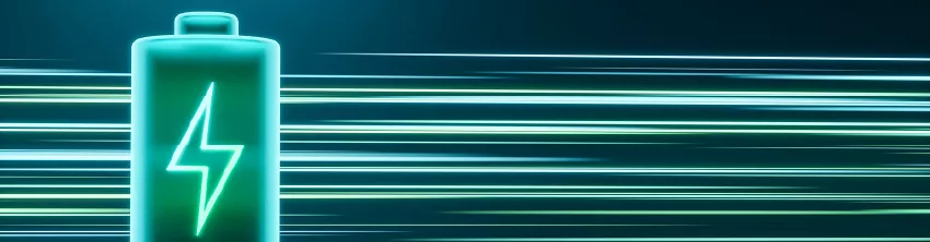 Icône lumineuse d'une batterie avec symbole d'éclair sur fond de traits lumineux verts