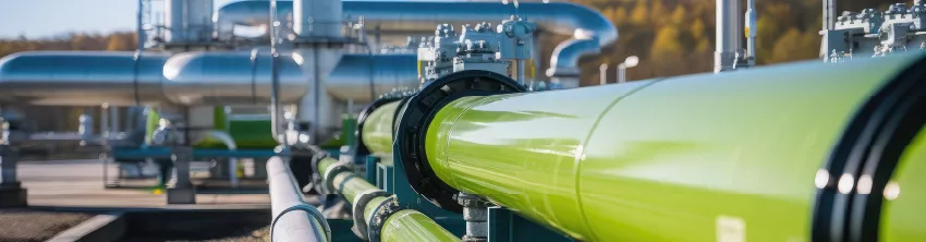 Canalisations industrielles vertes et métalliques sur un site de production