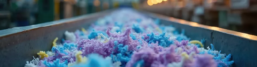 Fibres textiles bleues, violettes et jaunes défilant sur un tapis de tri