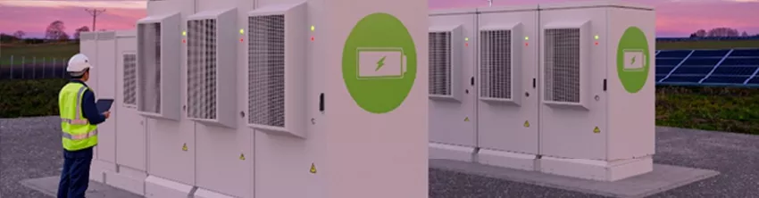 Technicien en casque et gilet de sécurité inspectant des conteneurs de stockage par batteries, près de panneaux solaires