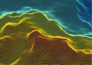 Modélisation numérique en fil de fer d'un relief souterrain, dégradé de bleu à orange figurant les variations du sous-sol