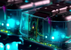 Gros plan sur des cellules de batterie aux reflets bleutés et lumières colorées