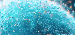 bulles en effervescence à partir d'un substrat bleu clair évoquant une réaction