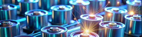 Gros plan sur des cellules de batterie aux reflets bleutés, traversées d'étincelles