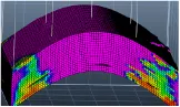 Maillage 3D d'une structure géologique en arche, aux couleurs magenta et multicolores
