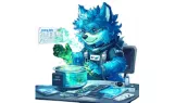 Illustration d'un loup bleu en laboratoire manipulant des données numériques au-dessus d'une cuve lumineuse