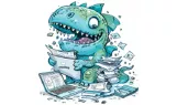 Illustration d'un monstre bleu dévorant des piles de documents à côté d'un ordinateur portable