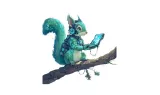 Illustration d'un écureuil turquoise équipé d'un casque audio, consultant une tablette sur une branche