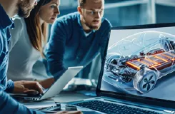 Équipe d'ingénieurs examinant la modélisation 3D d'une voiture électrique et de sa batterie sur un ordinateur portable