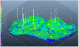 Modèle 3D coloré d'un réservoir souterrain traversé par plusieurs puits