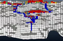 Coupe maillée d'un modèle souterrain avec des zones colorées rouges et bleues