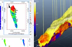 Interface logicielle affichant une carte de réservoir et une vue 3D colorée du sous-sol