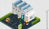 Illustration isométrique d'un bâtiment équipé de panneaux solaires et d'une borne de recharge, avec flux d'énergie