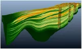 Bloc 3D de couches sédimentaires aux tons verts et orangés